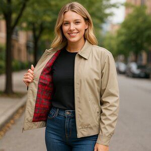VINTAGE | Tan Bomber Jacket with Red plaid Lining - Size Medium 23 25